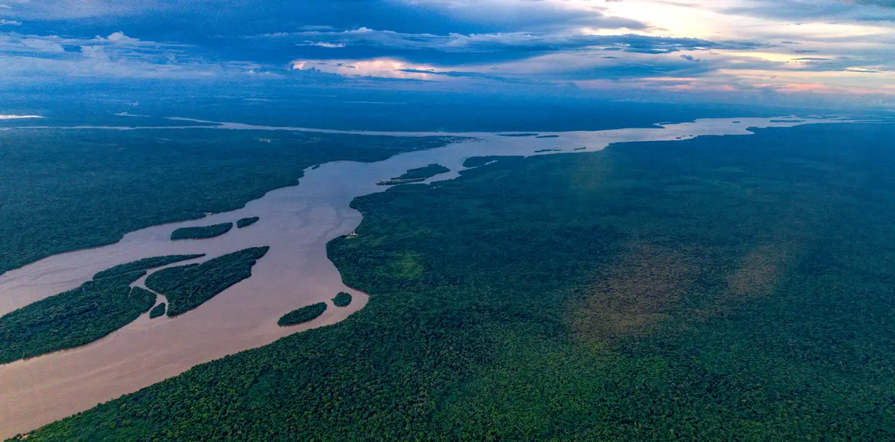 The broad Essequibo River braiding around forested islands, with unbroken rainforest to the horizon